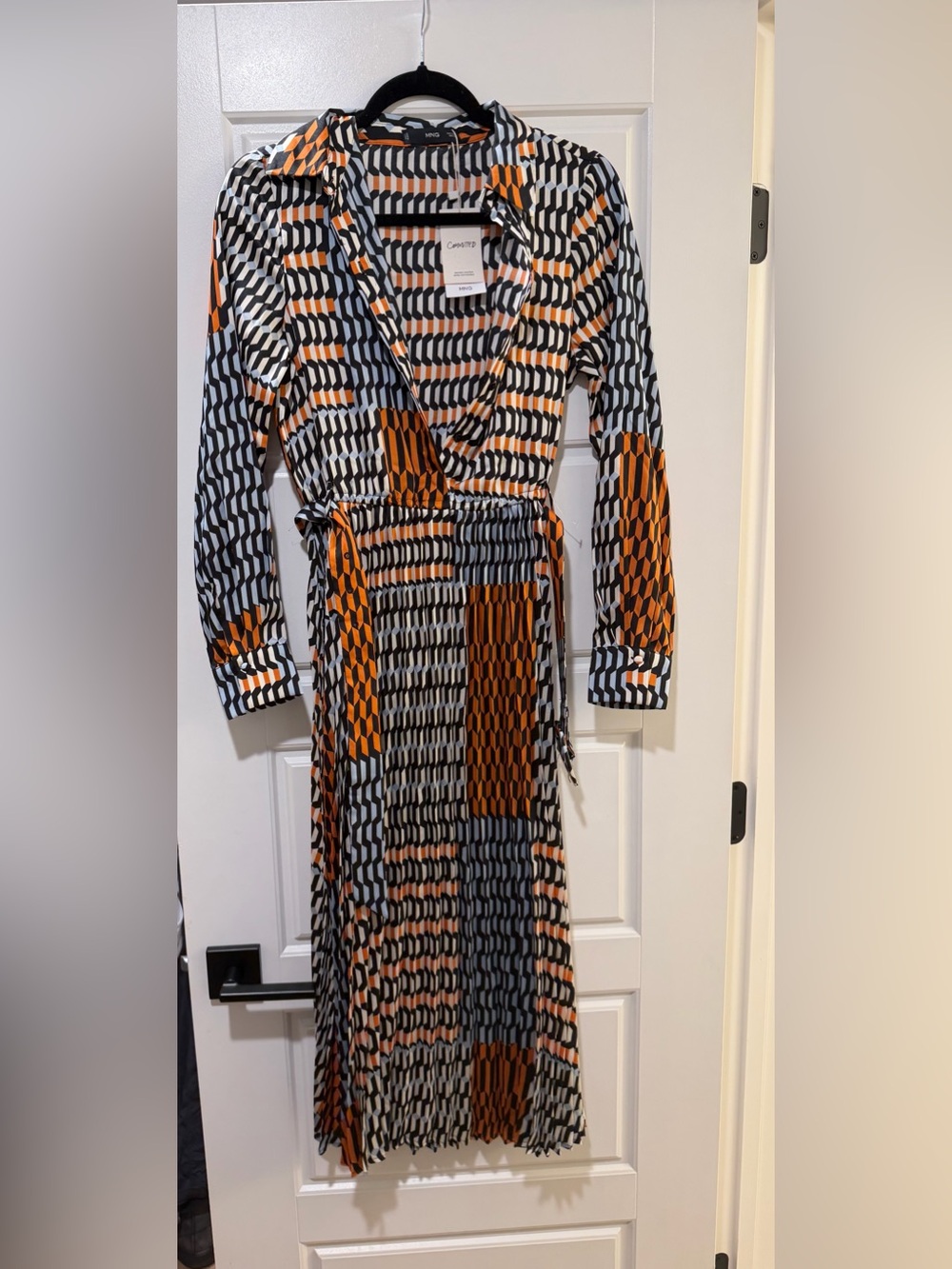 Mango Black, White & Orange Geometric Wrap Dress